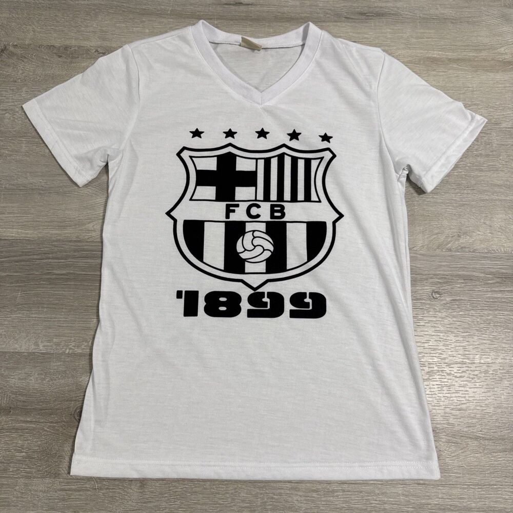 FC Barcelona Shirt Women's White V Neck Tee Soccer FCB 1899 Large